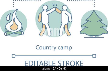 Country hiking camp concept icon. Summer camping club, holiday resort idea thin line illustration. Travelling in woods, backpacking in forest. Vector Stock Vector