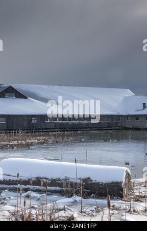 Britannia Ship Yard building after a windy snow storm in Steveston British Columbia Stock Photo