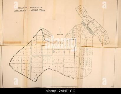 First records of Baltimore town and Jones' town . This map streetsllshed the north side of Comparative Plat of the Original Sixty Acres 1729-1905.gives approximate., the „utlil)e , of Baltimore Town, and shows how the site appears In IMS. The dotted lines within the space indicate the ^reets. and the ?-«•»? wh Ich each was widened. The p„int of the £ „, ,„, ,urvey „, B„|tJmore Towo shown on ,h. Jl0. «» hed by a Comm.ssI.- and a „ one (su, ab«y inscribed, p.anted. as wi„ on the ^ Records of B, .,„  . . — ™ *-c site appears in ivuo. i ne ( , and the direction .„ Wh &lt;* each was widened. The po Stock Photo