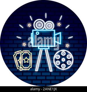 cinema neon set icons Stock Vector