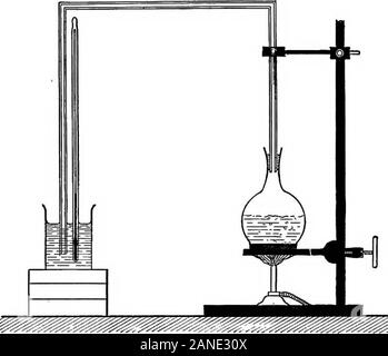 The outlines of physics: an elementary text-book . liquid is, generally speaking, a very largeamount. Water, for example, when converted into steamat its ordinary boiling point (100° C.) requires 535 heatunits for vaporization. The exact measurement of the heat of vaporization of water is an operation of consider-able diificulty, but the phenomenon may be illustrated andthe numerical value of the heat of vaporization may beapproximately determined by means of the following verysimple experiment. With proper care, indeed, excellentresults may be obtained. 172 THE OUTLINES OF PHYSICS 157. Experi Stock Photo