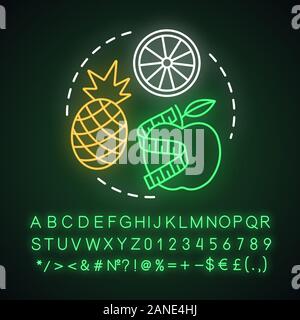 Fruitarian diet neon light concept icon. Vegan lifestyle idea. Glowing sign with alphabet, numbers and symbols. Vegetarian nutrition. Fresh apple, pin Stock Vector