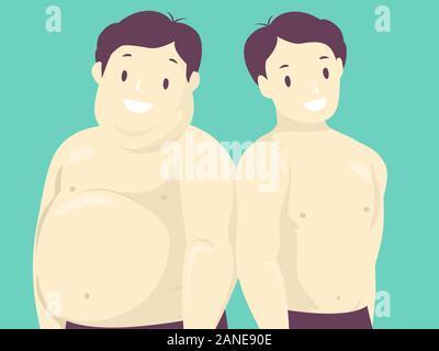 Illustration of a Fat Man Standing Side by Side the Same Man in Normal Weight Stock Photo