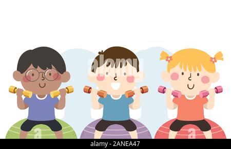 Illustration of Kids Doing Strength Training on an Exercise Ball Using Dumbbells Stock Photo