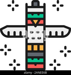 Traditional animal totem pole, native indian totem flat color line icon. Stock Vector
