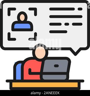 Man at computer reads a resume, id verification flat color line icon. Stock Vector