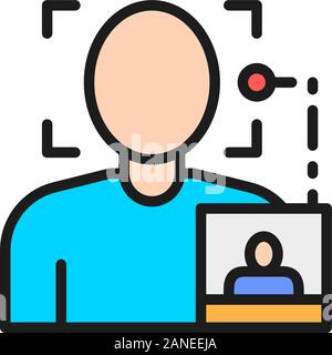 Face search by photo, biometric identification flat color line icon. Stock Vector