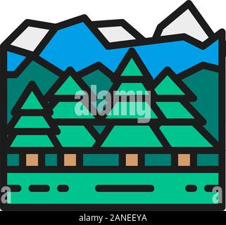 Forest and mountains, canadian landscape flat color line icon. Stock Vector