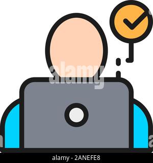 Face verification for laptop, face scans for notebook flat color line icon. Stock Vector