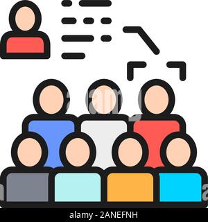 Face recognition in the crowd, face identification flat color line icon. Stock Vector