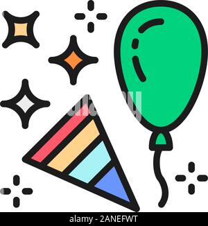 Confetti party popper with balloon flat color line icon. Stock Vector
