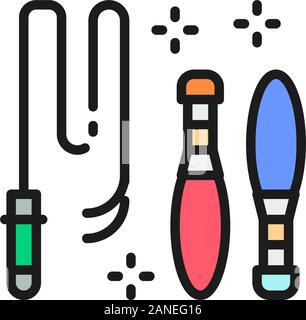 Circus equipment, juggling clubs set and whip flat color line icon. Stock Vector