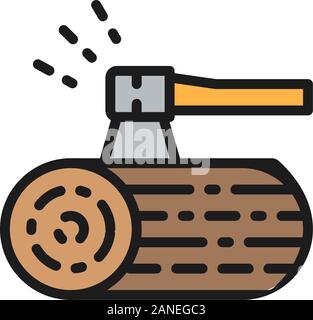 Vector wooden deck and ax flat color line icon. Stock Vector