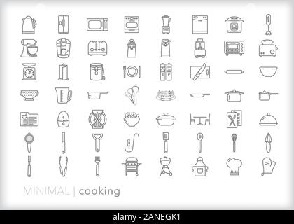 Set of more than 50 cooking line icons for food prep at home or at a restaurant, kitchen appliances, tools, and utensils Stock Vector