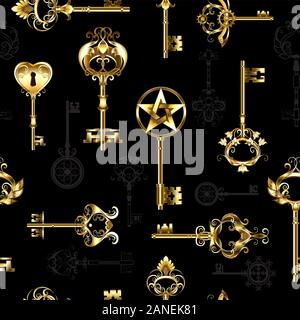 Seamless pattern of antique, gold and silhouette keys on black background. Stock Vector