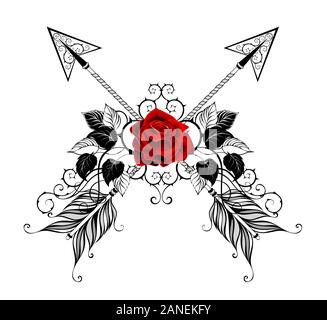 Two crossed, patterned arrows decorated with red, blooming roses with black leaves and stems on white background. Tattoo style. Stock Vector