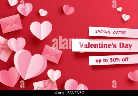 Valentines day sale banner template with paper hearts on red pastel background. Use for flyers, posters, brochures, voucher discount. Stock Vector