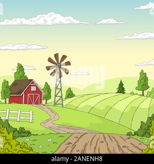 Summer landscape with windmill and farmhouse. Hand drawn vector illustration with separate layers. Stock Vector