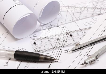 Rolled electrical diagrams and accessories for drawing lying on ...