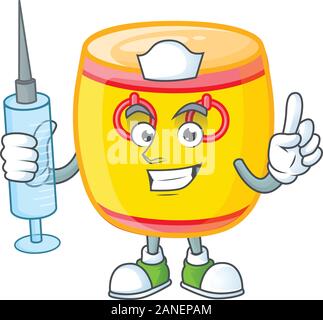 Smiley Nurse chinese gold drum cartoon character with a syringe Stock Vector