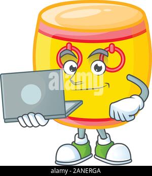 A clever chinese gold drum mascot character working with laptop Stock Vector