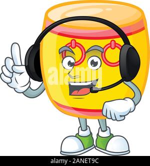 Smiley chinese gold drum cartoon character design wearing headphone Stock Vector