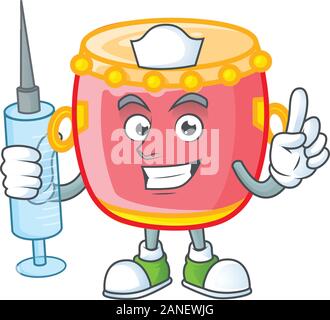 Smiley Nurse chinese red drum cartoon character with a syringe Stock Vector