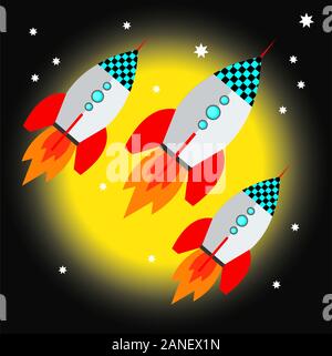 3 Space Rockets flying to the stars Stock Photo
