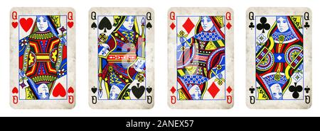 Four Queens Vintage Playing Cards - isolated on white Stock Photo