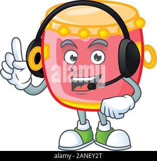 Smiley chinese red drum cartoon character design wearing headphone Stock Vector