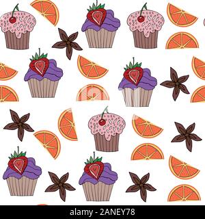 Colorful seamless pattern with cupcakes, and fruits. It is located in swatch menu, vector illustration. Image for different purposes. Illustration for Stock Vector