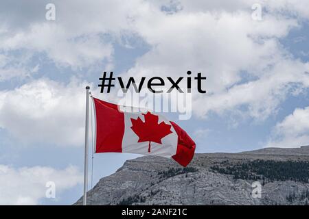 Canadian Flag flyin in the mountain with WEXIT text Stock Photo