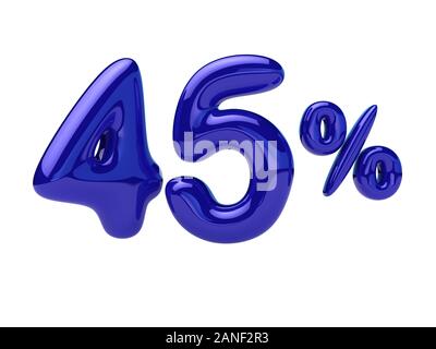 45 percent discount. Blue glossy balloon in the shape of a number. 3D rendering. Stock Photo