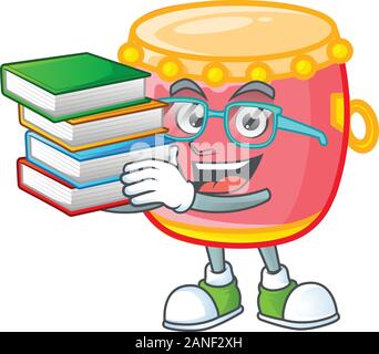 Cool and clever Student chinese red drum mascot cartoon with book Stock Vector