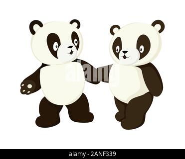 Two stylized pandas full body drawing. Simple panda bear icon or logo design Stock Vector