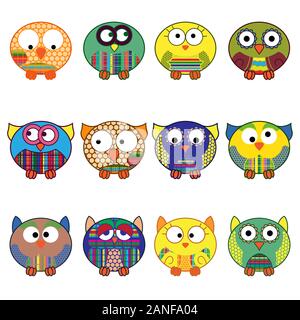 Set of twelve cute cartoon oval owls in various pattern isolated on the white background, cartoon vector outlines as icons Stock Vector