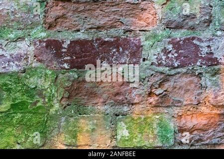 Brick wall. Old paint. Different colour.  Close-up.  Old wall multicolor. Bricks painted in a different bright color Stock Photo