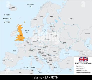 Location of United Kingdom on the European continent with small information box and flag Stock Vector