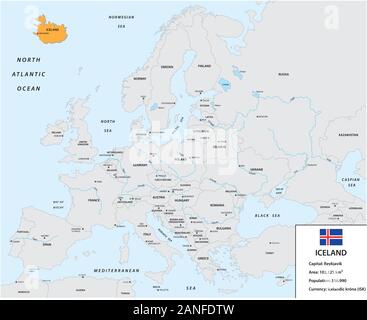 Location of Iceland on the European continent with small information box and flag Stock Vector