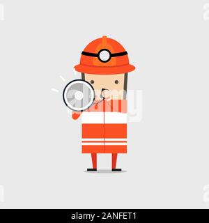 Fireman Speaking In Megaphone Wear Uniform And Helmet. Stock Vector