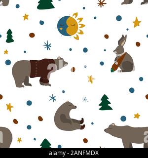 Bear and hare with carrot. Winter forest. Night sky. Vector illustration. Seamless pattern background. Stock Vector