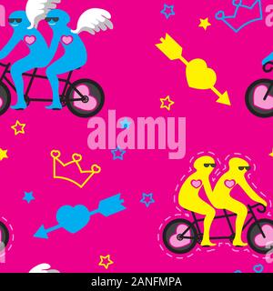 Seamless pattern double bike with bicyclists wings heart arrow stars people on pink background. Vector image. Abstraction. eps 10 Stock Vector