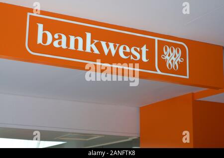 Brisbane, Queensland, Australia - 10th January 2020 : View of the Bankwest sign hanging in front of the bank entrance on Queenstreet mall in Brisbane Stock Photo