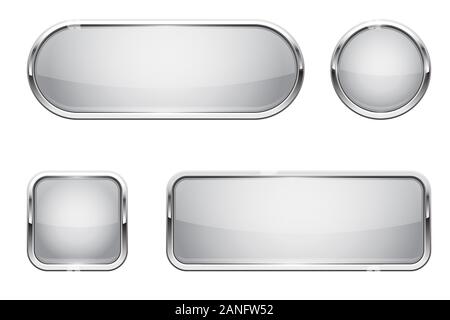 Web buttons. White shiny icons with chrome frame Stock Vector