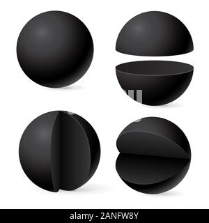 Black sphere. Whole and in parts. Web 3d template Stock Vector