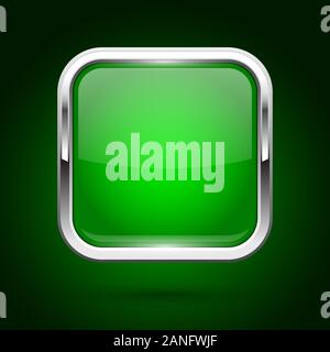 Green glass button with metal frame. Square iconon green background Stock Vector