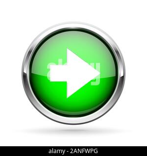 Next icon. Green shiny 3d button with metal frame and white arrow Stock Vector