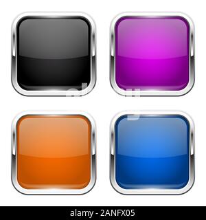 Push buttons. Glass colored square icons with chrome frame Stock Vector