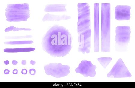 Lavender watercolor blot, daub, splat, shapes, brush strokes for decorative design elements on white background. Set for social media graphic content. Stock Photo