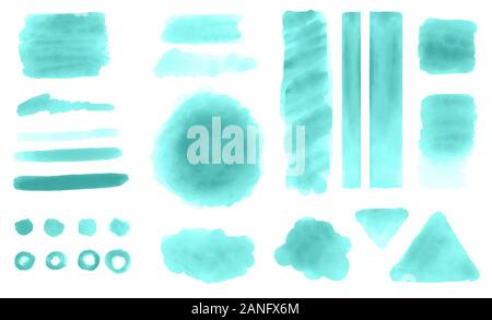Teal watercolor blot, daub, splat, shapes, brush strokes for decorative design elements set on white background. Use for social media graphic content. Stock Photo